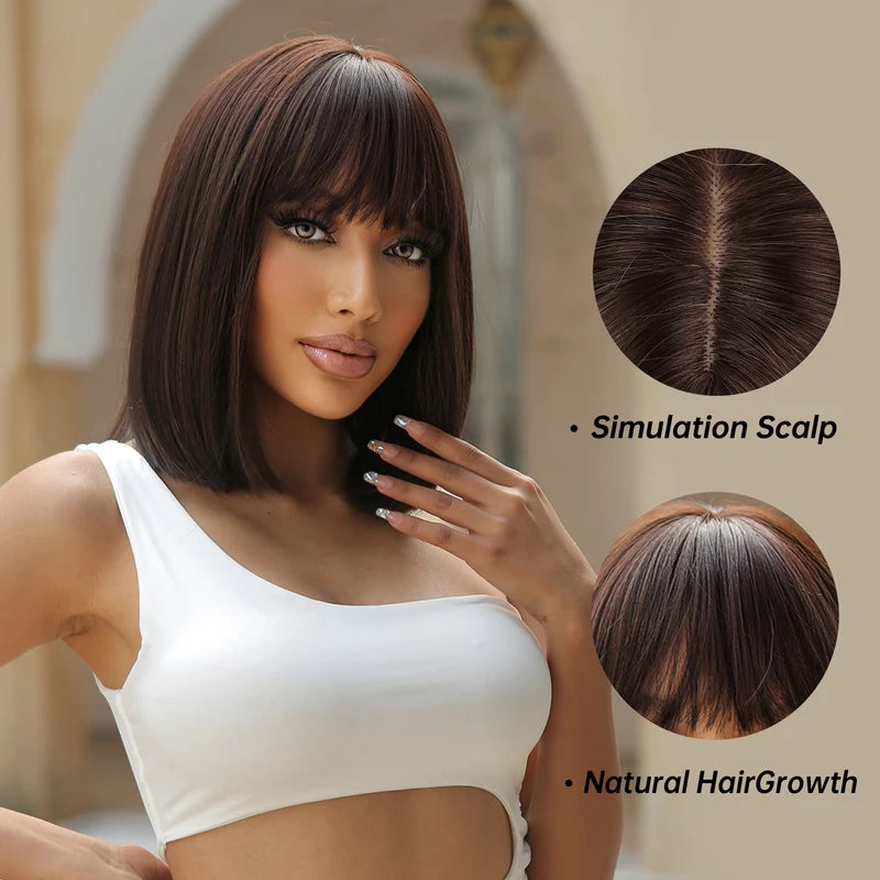 Short Straight Black Wig with Fluffy Bangs for Women Synthetic Heat-Resistant Fiber
