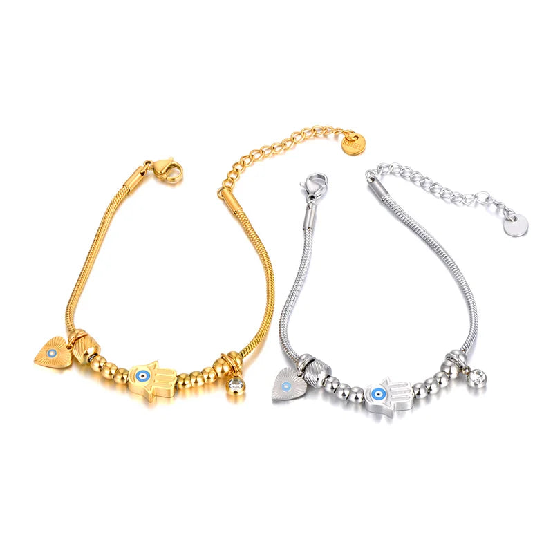 Stainless Steel Fatima Hand Blue Eye Charm Fashion Bracelet for Women