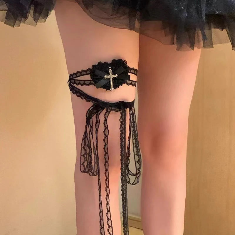 Halloween Punk Cross Eye Mask Women Gothic Lace Bow Accessory