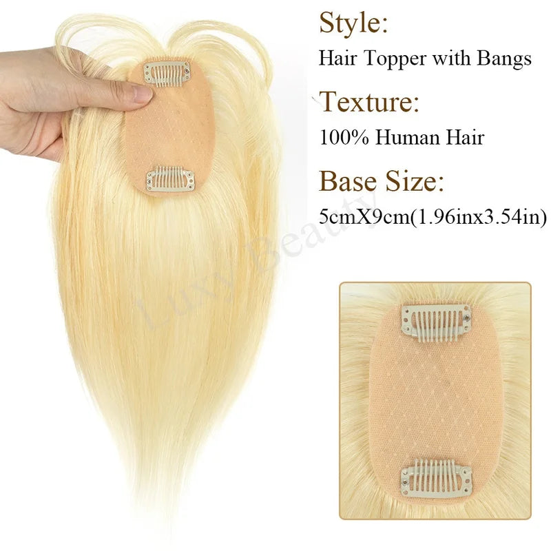 Human Hair Topper with Bangs for Women Clip-In Hairpiece 8-14 Inches, Natural Black Blonde Highlights