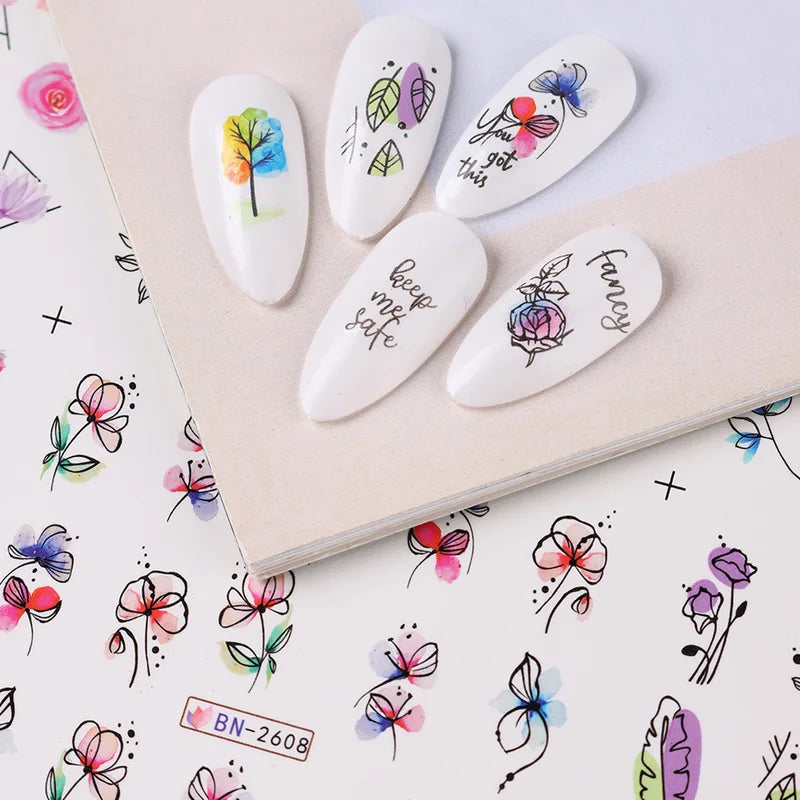 12-Piece Water Decal Nail Art Sticker Set with Flowers and Leaves