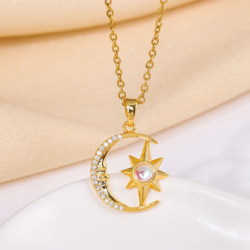 Women’s Moon Necklace with Star Pendant Stainless Steel Collarbone Chain Jewelry