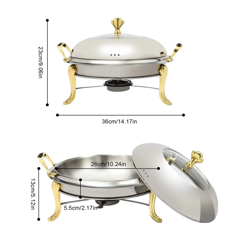Gold Stainless Steel Round Chafing Dish 2.64QT Buffet Food Warmer for Parties Weddings