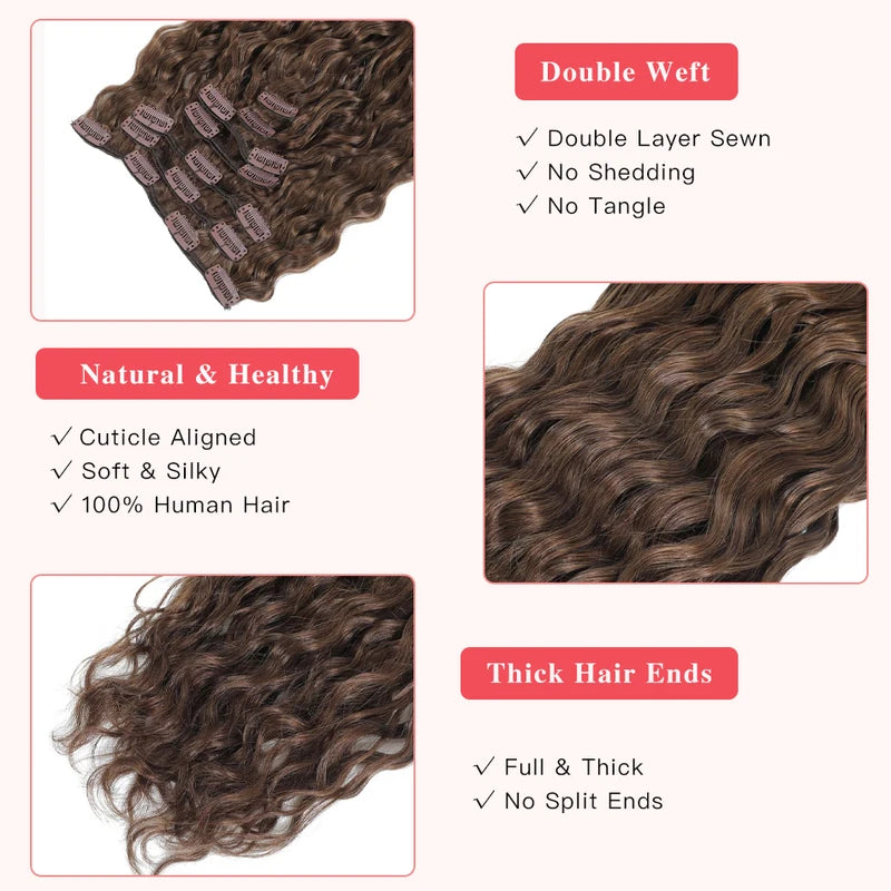 Curly Clip-In Hair Extensions 7pcs Water Wave Remy Human Hair for Women