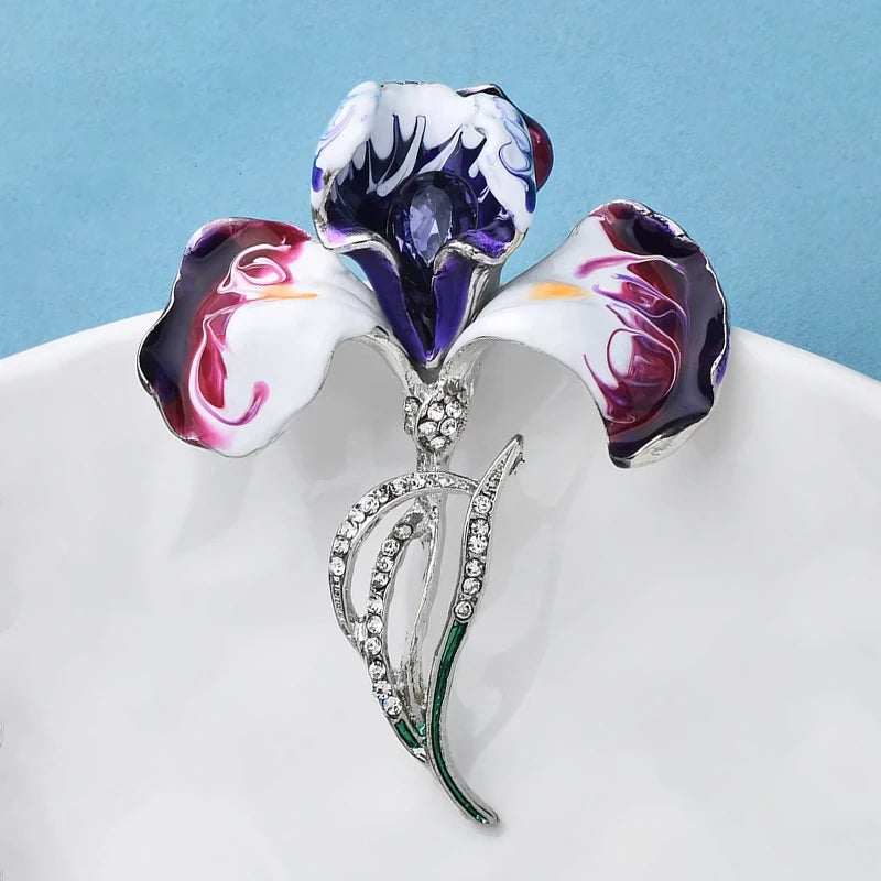 Enamel Orchid Flower Brooch for Women - Rhinestone Elegant Plant Pin Jewelry