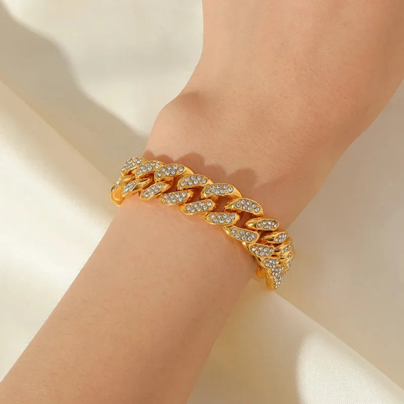 Men's Gold Chain Bracelet with Clear Crystal Stones - Hip Hop Miami Link Style