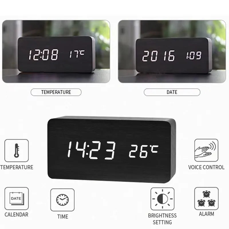 Wooden Digital Alarm Clock with Temperature Display - LED Table Clock for Bedroom & Office