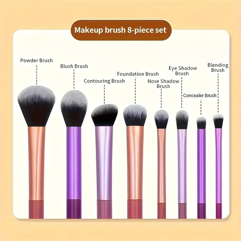 8-Piece Makeup Brush Set with Synthetic Hair - Foundation, Blush & Eye Brushes