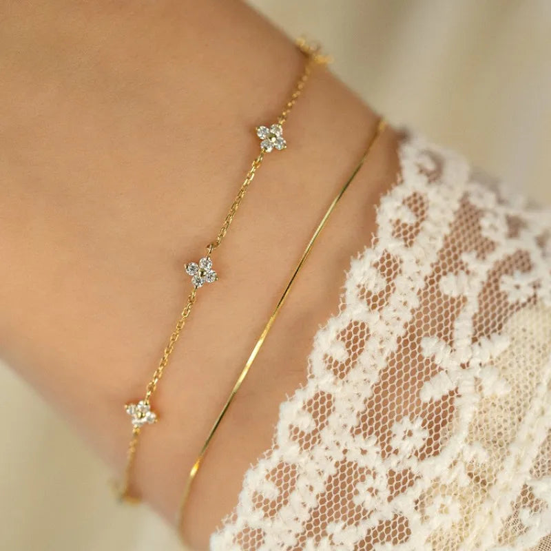 Sterling Silver 18k Gold Plated Zircon Flower Bracelet for Women Jewelry Gift
