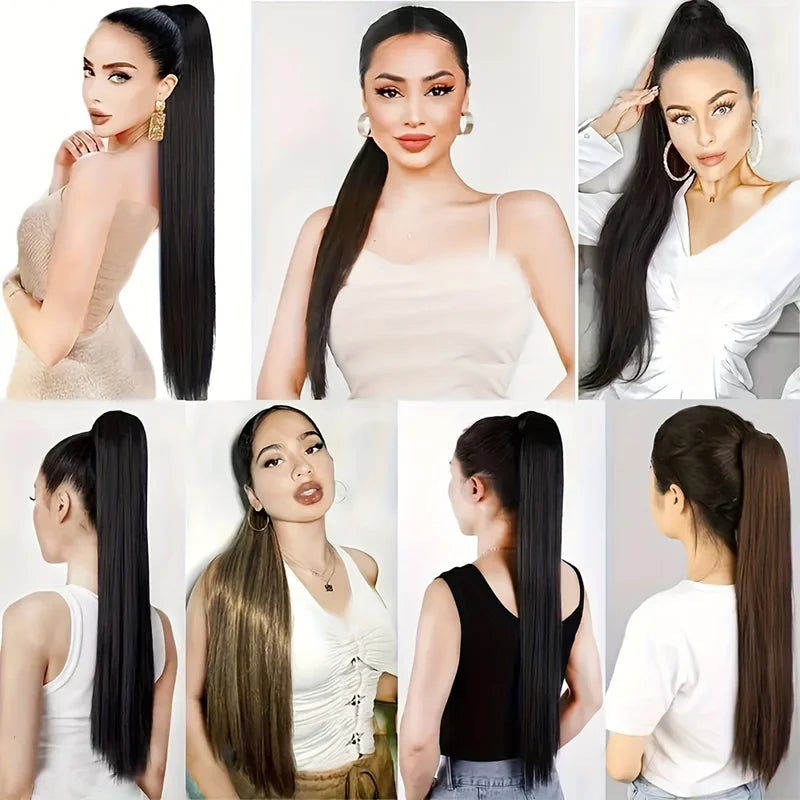 Long Straight Ponytail Hair Extension Synthetic Drawstring Heat-Resistant for Women