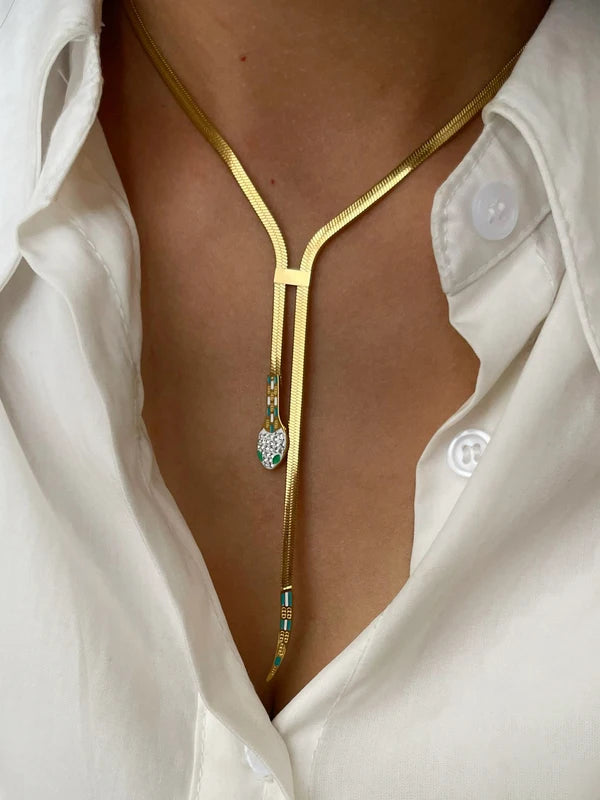 Dainty Gold Plated Rhinestone Snake Chain Necklace with Tassel for Women