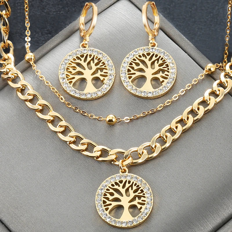 Women's Jewelry Set Rhinestone Tree of Life Pendant Necklace Hoop Earrings Gold