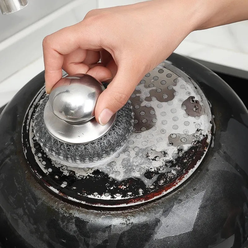 Stainless Steel Pot Brush with Handle and Metal Ball for Dishwashing - Kitchen Cleaner