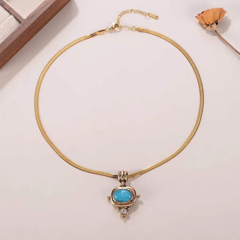 Turquoise Pendant Snake Chain Necklace for Women Bohemian Style Jewelry
