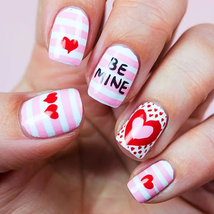 24Pcs Short Square Fake Nails for Menicure - Press On Nail Set with Pink Love Heart Print