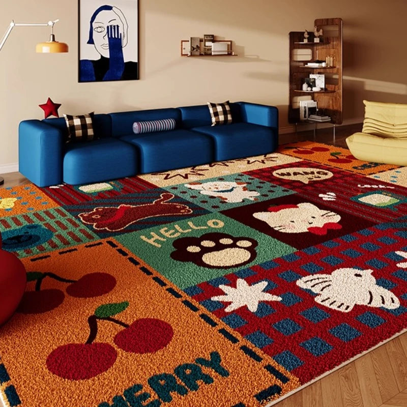 Colorful Retro Grid Living Room Rug - Plush Cartoon Style Carpet for Bedroom & Home