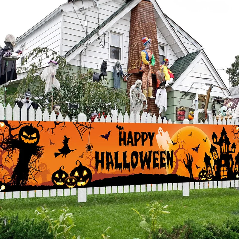 Halloween Outdoor Banner Decoration - Pumpkin & Bat Print Backdrop for Parties