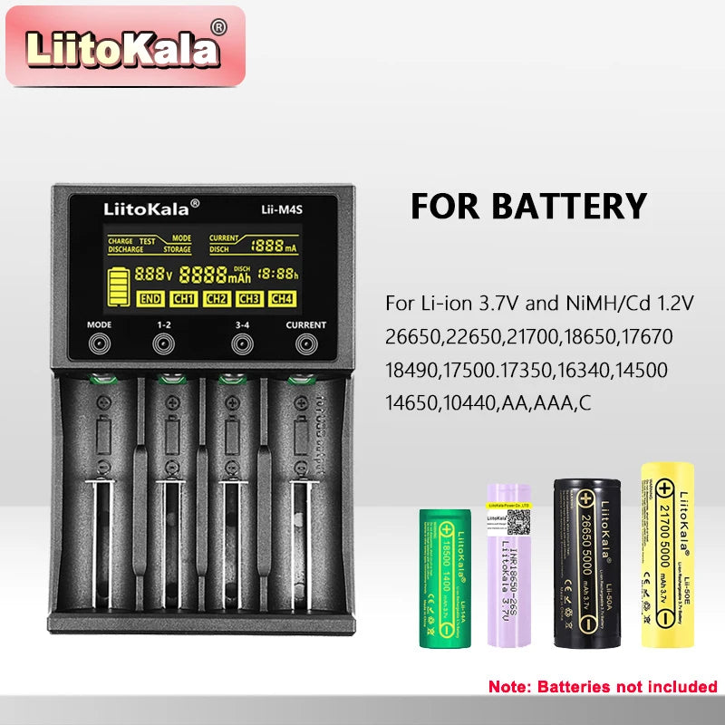 Smart 4-Channel Battery Charger with LCD & USB Power Bank for Li-ion Batteries