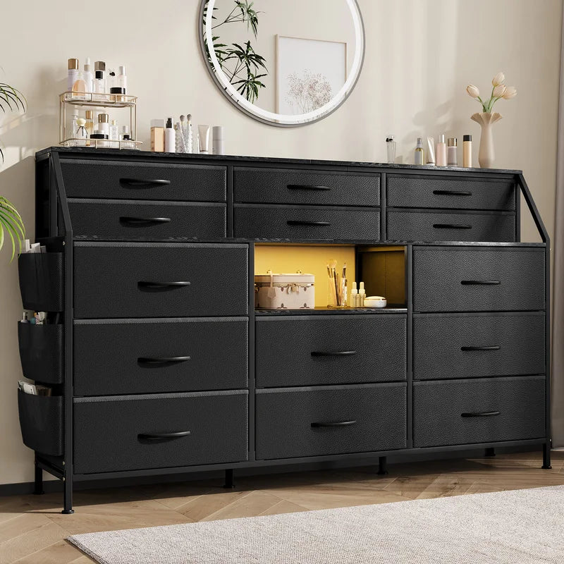 14-Drawer Storage Dresser & TV Stand with Shelves - Wide Fabric & Wood Chest for Bedroom & Living Room