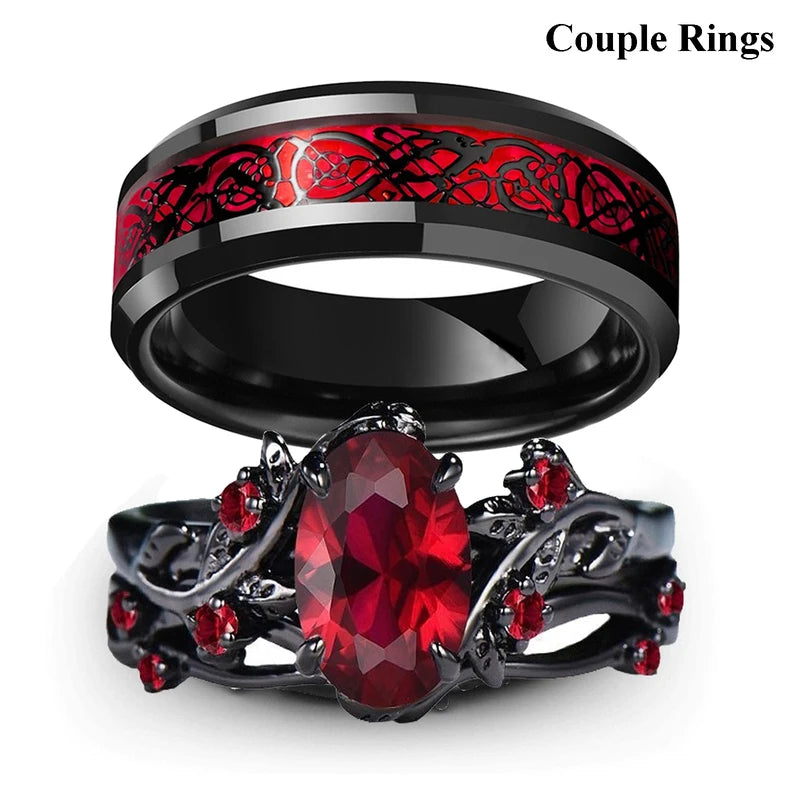 Trendy Couple Rings Set with Rhinestones and Celtic Dragon Design - Men and Women Wedding Jewelry