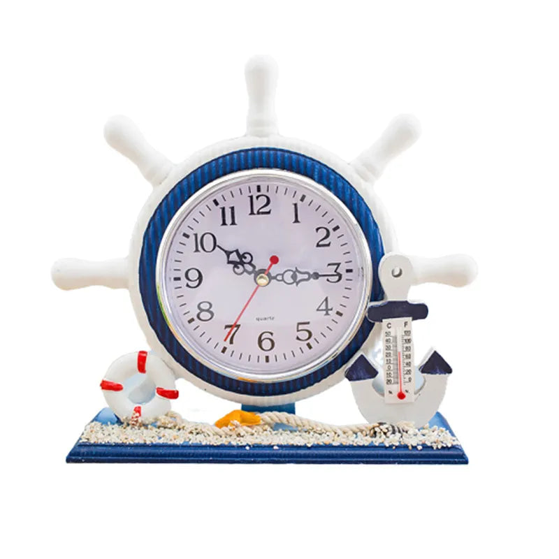Nautical Style Rudder Shape Desk Clock with Thermometer - Silent Ocean Decor