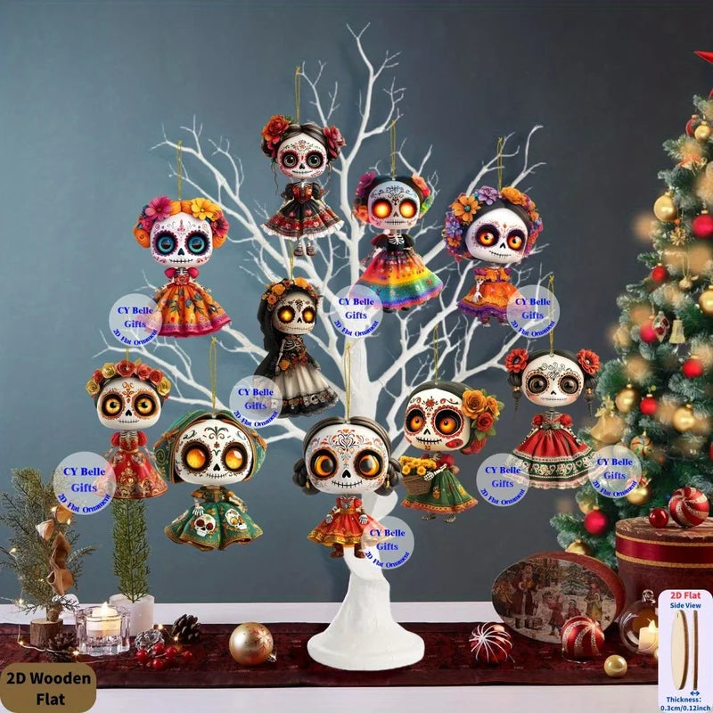10Pcs Mini 2D Wooden Mexican Candy Doll Hanging Decorations for Halloween Day of The Dead Party Home DIY
