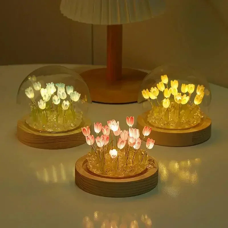 DIY Tulip Night Light with Wooden Base - Handmade LED Bedroom Decor