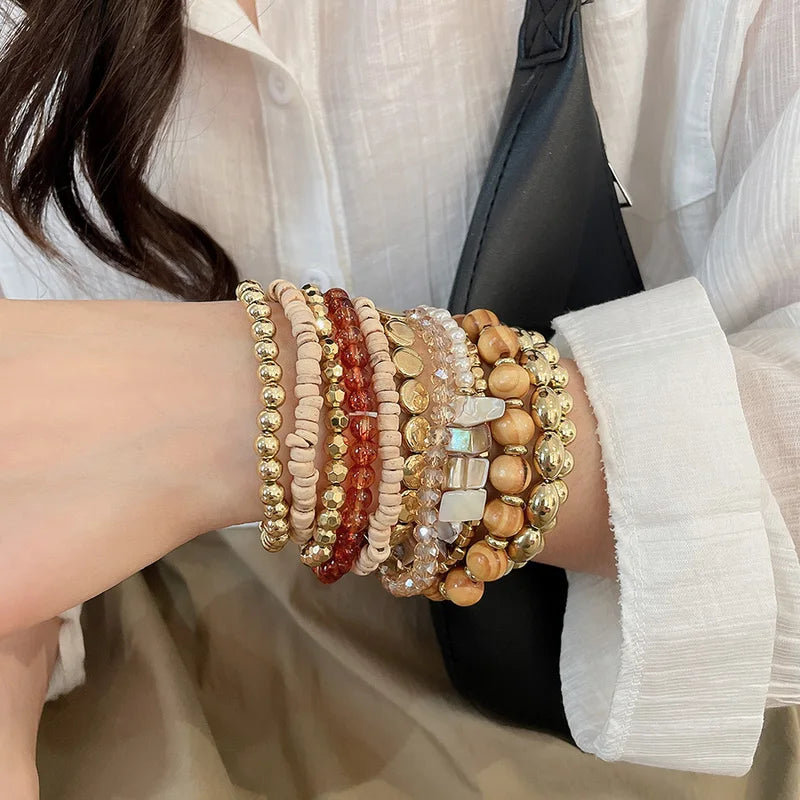 Vintage Glass & Wooden Beaded Bracelets Set - Ethnic Boho Style, Stackable Jewelry for Women Men