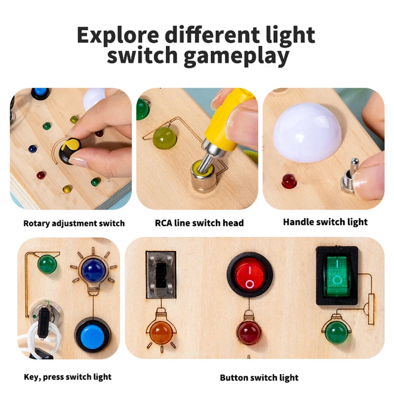 Wooden Sensory Busy Board with LED Light Switch for Children 2-4 Years
