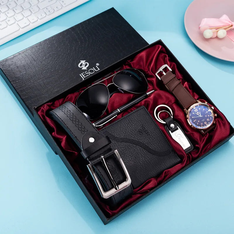 Men Gift Set Quartz Watch Sunglasses Wallet Keychain Pen Belt Accessories - 6pcs