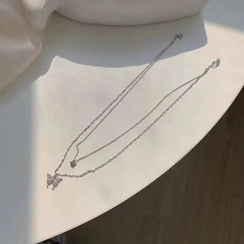 Shiny Butterfly Necklace for Women Double Layer Clavicle Chain Jewelry Gift