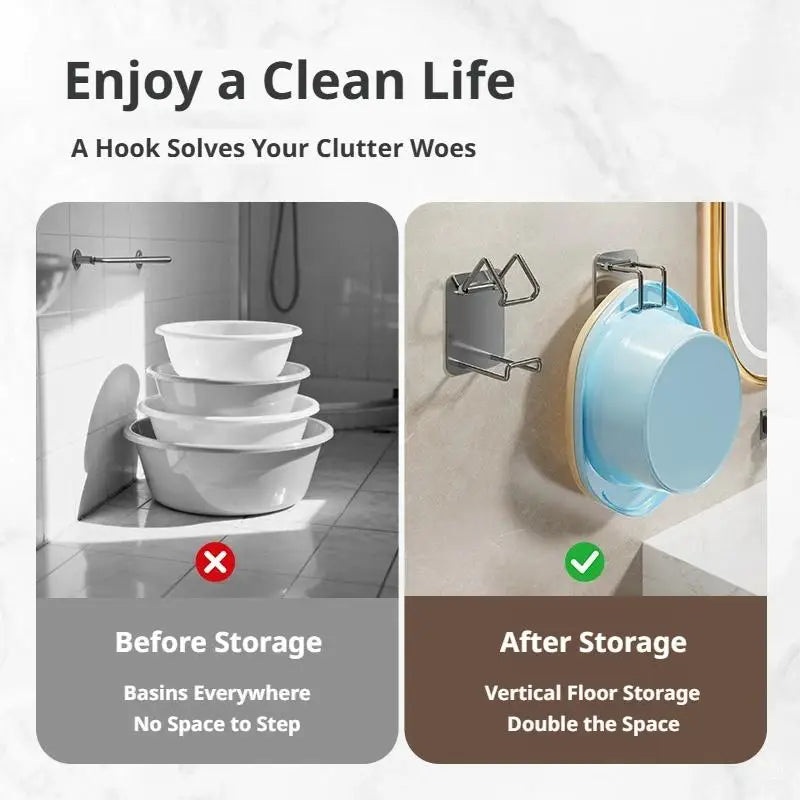 Heavy Duty Stainless Steel Wall Hooks for Kitchen & Bathroom Storage - Adjustable & Punch-Free Mount