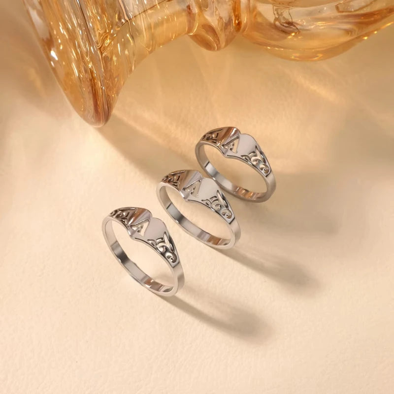 Stainless Steel A-Z Letter Heart Rings for Women - Hollow Initial Jewelry