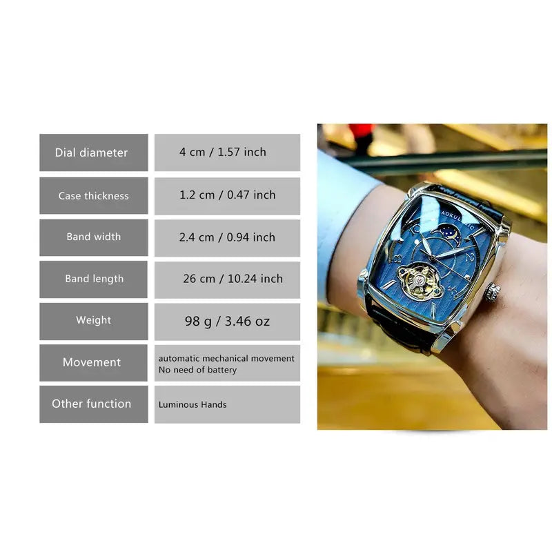 Men's Luxury Automatic Moon Phase Watch with Skeleton Dial Leather Strap