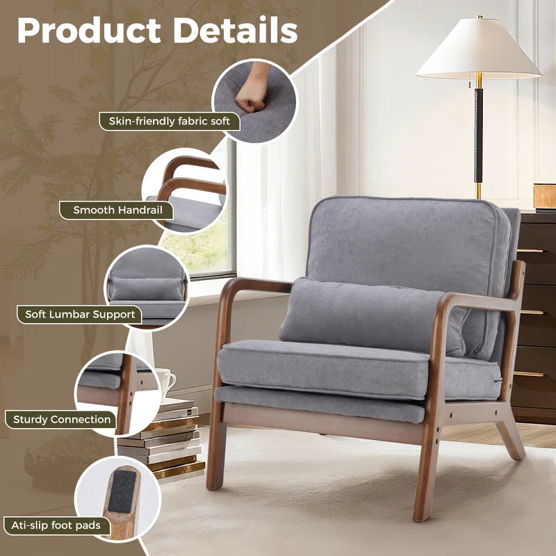 Mid Century Modern Accent Chair with Wooden Frame & Cushions, Lounge Seating
