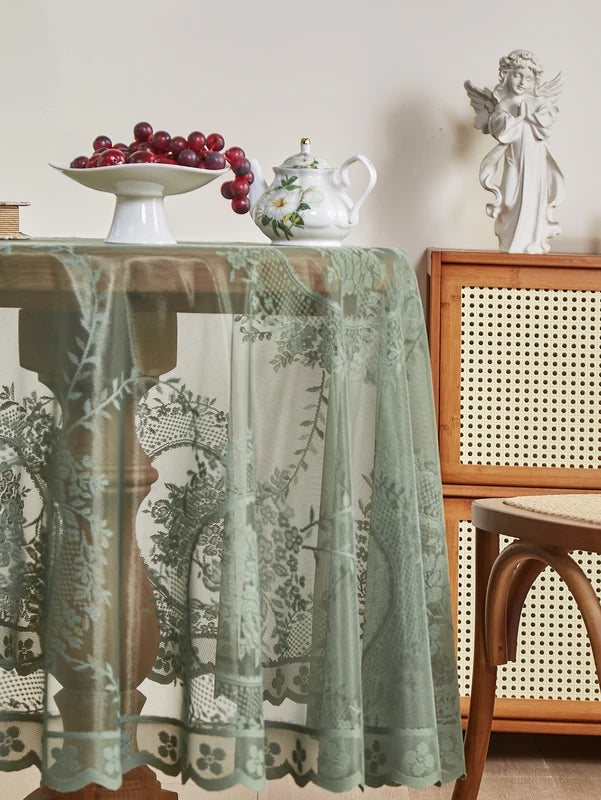 Green Round Mirror Flower Lace Tablecloth for Living & Dining Room Decor