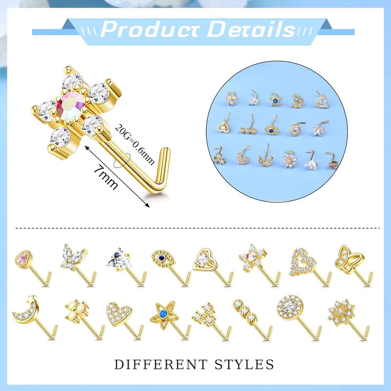 20G Surgical Steel Nose Studs with Opal CZ Heart Butterfly Design - Elegant Piercing Jewelry