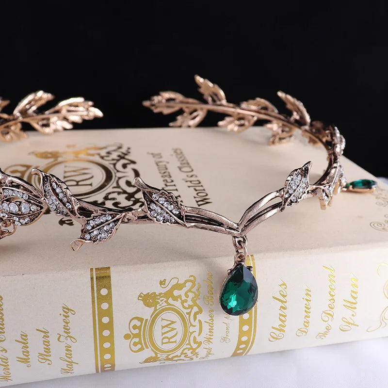 Vintage Fairy Crown Tiara with Emerald Green Crystals for Women Costume Hair Jewelry