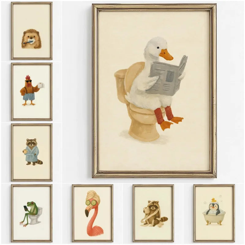 Cute Animal Bubble Bath Wall Art for Kids Bathroom Nursery Poster
