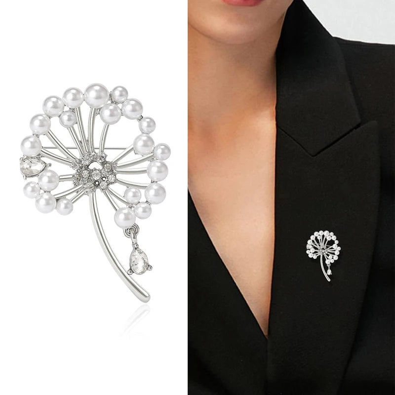 Rhinestone Dandelion Brooch for Women Pearl Plant Pins Casual Party Jewelry