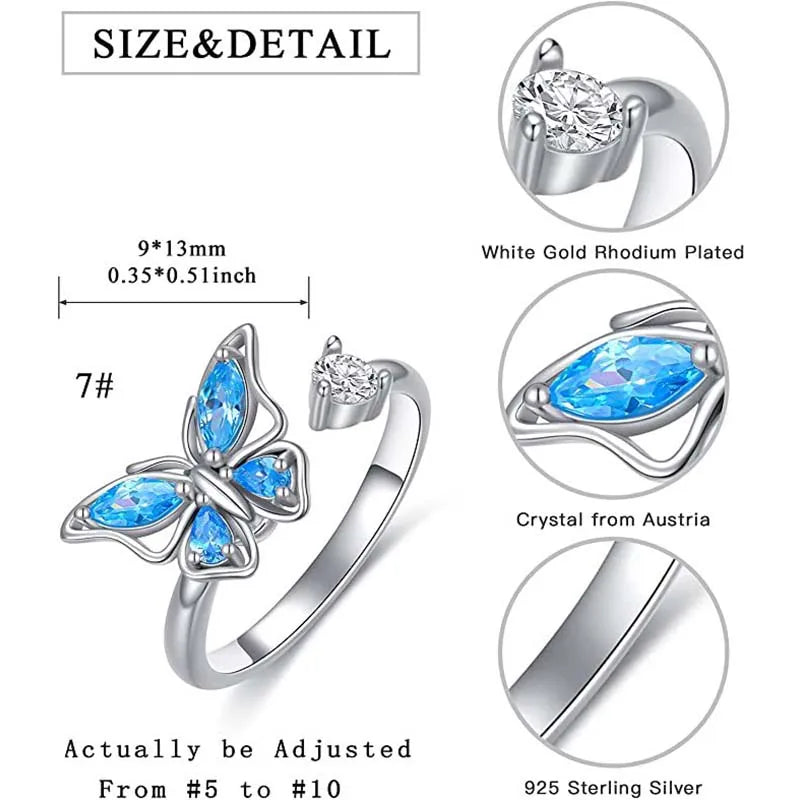 Adjustable Fidget Spinner Ring for Anxiety Relief Women Jewelry Crystal Flower Butterfly Animal Design