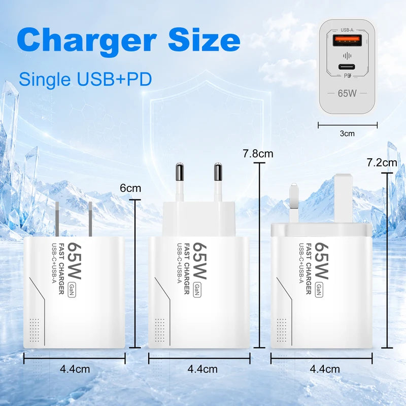 GaN Fast Charging 65W USB-C Wall Charger EU KR US PD 3.0 Quick Charge for Smartphones