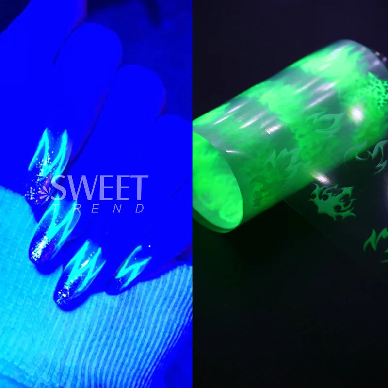 Fluorescent Fire Flame Nail Transfer Foils - Neon Sparkle Nail Art Stickers, Halloween Series