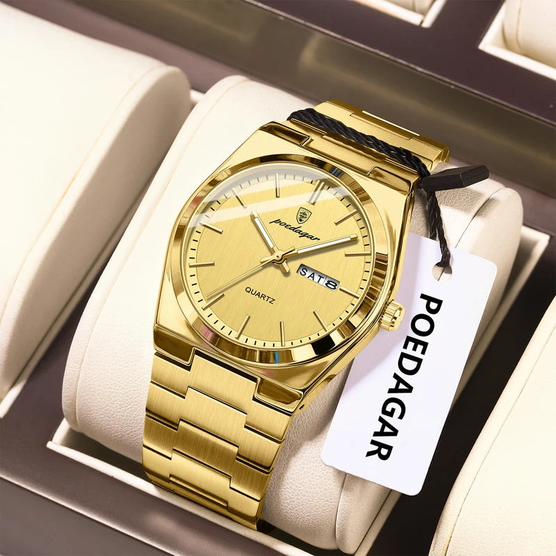 Men's Waterproof Luminous Watch with Date and Week Display - Stainless Steel Quartz Business Watch