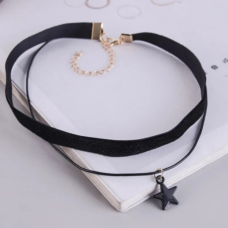 Goth Black Star Choker Necklace Layered Steampunk Tattoo Jewelry for Women