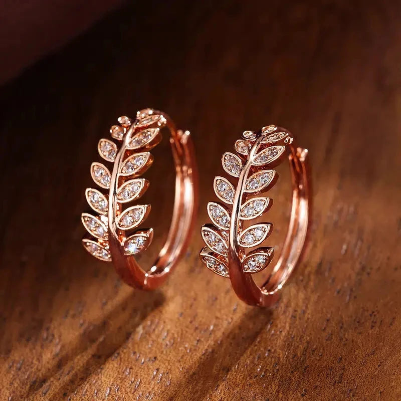 Simple Leaf Olive Hoop Earrings for Women - Crystal CZ Jewelry
