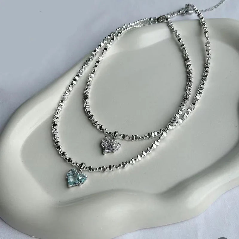 Exaggerated Irregular Beads Chain with Crystal Heart Pendant Necklace for Women Valentine's Gift