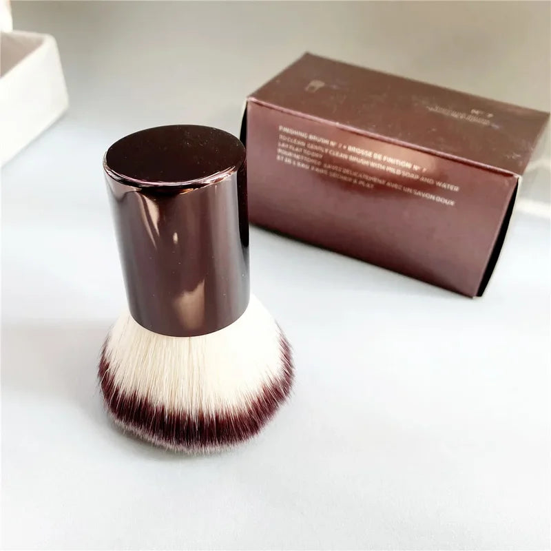 Portable Powder & Blush Makeup Brush - Finishing Kabuki Brush, Brown Metal Handle