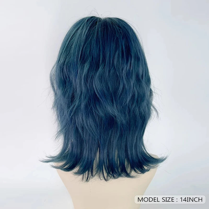 Blue Synthetic Mullet Wig with Bangs Short Straight Cosplay Hair for Parties & Daily Wear