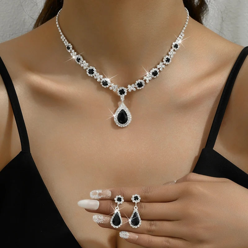 Women’s Crystal Droplet Necklace and Earrings Set for Weddings and Formal Events